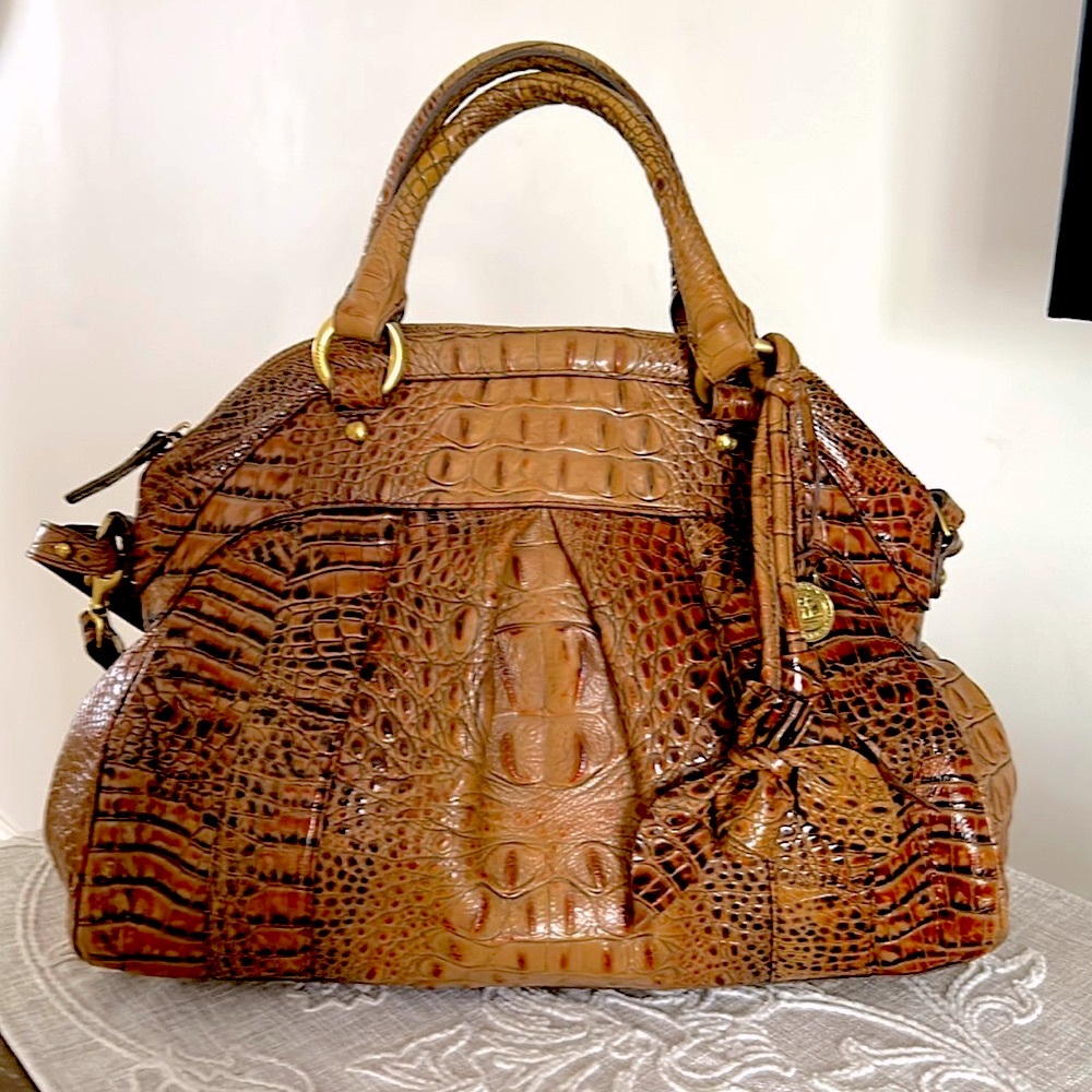 Brahmin Vintage Louise Rose Toasted Almond Leather Croc Embossed Satchel Bag